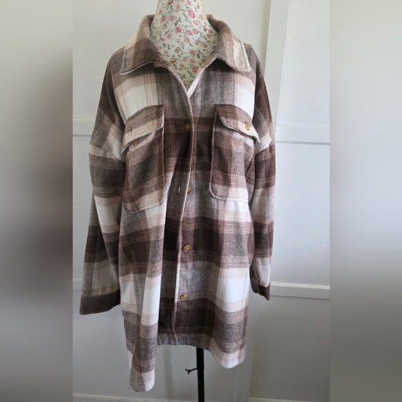 Banana Republic Brown and Cream Plaid Utility Jacket Size XXL - Picture 2 of 8